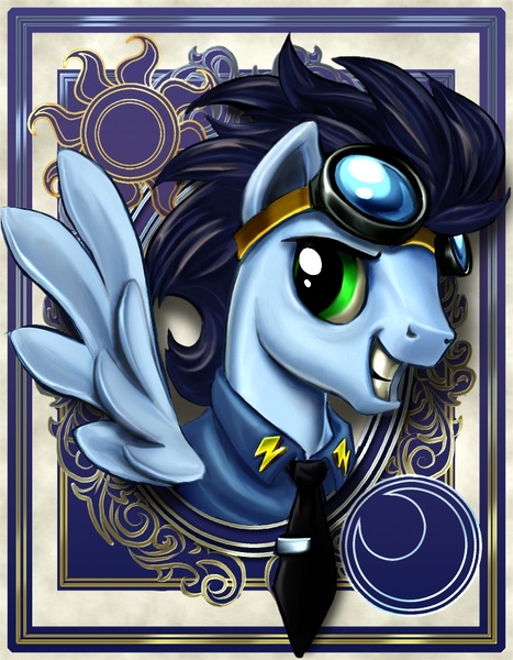 Size: 700x900 | Tagged: artist:harwick, bust, derpibooru import, goggles, harwick's sun/moon portraits, portrait, safe, soarin', solo