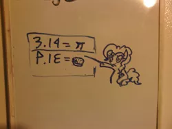 Size: 1280x960 | Tagged: safe, artist:vinny van yiffy, derpibooru import, pinkie pie, earth pony, pony, dry erase board, fancy mathematics, female, food, mare, math, pi, pie, pun, traditional art, π