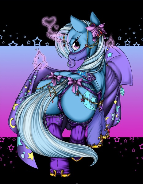 Size: 970x1250 | Tagged: questionable, artist:longinius, derpibooru import, trixie, pony, unicorn, series:rarity's secret, bedroom eyes, bow, butt, cape, clothed ponies, clothes, colored, dock, female, frilly underwear, heart, horn, horn ring, horseshoes, jewelry, lingerie, looking at you, looking back, magic, mare, panties, plot, raised leg, ribbon, ring, smiling, solo, solo female, stockings, stupid sexy trixie, telekinesis, the great and powerful ass, thigh highs, thong, underwear, undressing, veil