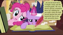 Size: 992x563 | Tagged: clopfic, derpibooru import, fanfic, future twilight, it's about time, out of context, pinkie pie, safe, screencap, twilight sparkle, writing