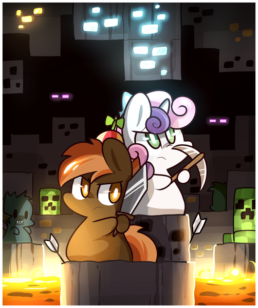 Size: 1020x1220 | Tagged: artist:lifeloser, button mash, chibi, creeper, crossover, derpibooru import, don't mine at night, minecraft, safe, sweetie belle