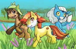 Size: 927x600 | Tagged: safe, artist:shakusaurus, derpibooru import, ponified, chespin, fennekin, froakie, pony, pokémon, pokémon x and y