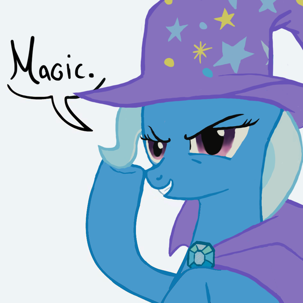 Size: 945x945 | Tagged: artist needed, safe, derpibooru import, trixie, pony, unicorn, cape, clothes, female, hat, mare, smiling, solo, trixie's cape, trixie's hat