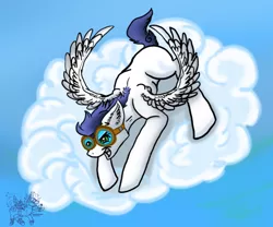 Size: 900x750 | Tagged: artist:downpourpony, blank flank, cloud, crouching, derpibooru import, goggles, safe, sky, soarin', solo