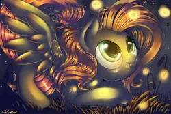 Size: 3000x2000 | Tagged: safe, artist:carligercarl, derpibooru import, fluttershy, firefly (insect), insect, pegasus, pony, grass, licking, licking lips, night, solo, tongue out