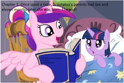 Size: 1024x683 | Tagged: safe, artist:desertp, deleted from derpibooru, derpibooru import, princess cadance, twilight sparkle, alicorn, pony, unicorn, bed, bedtime story, book, cadance's bedtime stories, caption, duo, exploitable meme, fanfic art, female, filly, filly twilight sparkle, image macro, looking up, meme, reading, semi-vulgar, space tree, text, the many secret origins of scootaloo, younger