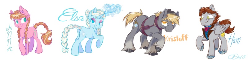 Size: 5495x1330 | Tagged: safe, artist:graystripe64, derpibooru import, ponified, pony, anna, braid, disney, elsa, frozen (movie), kristoff, magic, necktie, prince hans, unshorn fetlocks