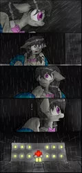 Size: 950x2000 | Tagged: safe, artist:ichibangravity, derpibooru import, octavia melody, vinyl scratch, earth pony, pony, unicorn, comic:broken record, ear fluff, female, floppy ears, fluffy, hospital, image, mare, png, rain, running, scared