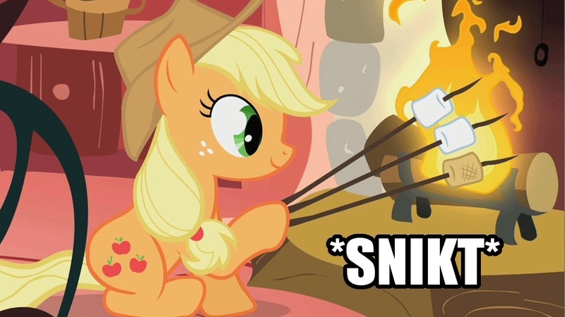 Size: 853x480 | Tagged: applejack, applejack's special marshmallows, caption, claws, derpibooru import, dexterous hooves, edit, edited screencap, exploitable meme, food, image macro, look before you sleep, marshmallow, marshmallows, meme, safe, screencap, solo, text, wolverine