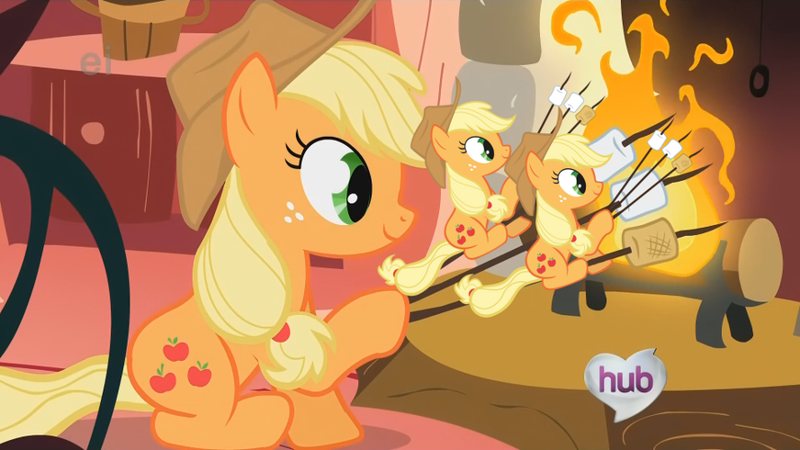 Size: 889x500 | Tagged: applejack, applejack's special marshmallows, derpibooru import, edit, edited screencap, exploitable meme, fireplace, hub logo, look before you sleep, meme, multeity, safe, screencap