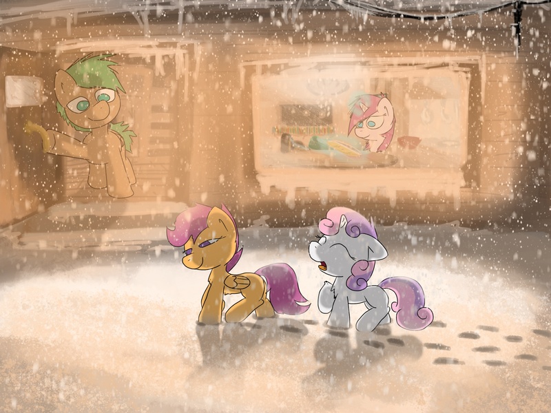 Size: 2048x1536 | Tagged: artist:fuzzyfox11, chest fluff, derpibooru import, parent, safe, scootaloo, scootaloo's parents, snow, snowfall, sweetie belle, winter