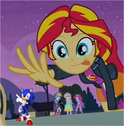 Size: 363x369 | Tagged: safe, derpibooru import, sunset shimmer, equestria girls, crossover, exploitable meme, image, implied vore, meme, micro, png, sonic the hedgehog, sonic the hedgehog (series), sunset shimmer reaching for things