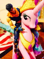 Size: 1280x1707 | Tagged: safe, derpibooru import, princess celestia, alicorn, human, pony, action figure, crossover, doll, jojo's bizarre adventure, joseph joestar, pinklestia, riding, toy, toy pony cavalry