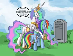 Size: 910x700 | Tagged: safe, derpibooru import, fluttershy, princess celestia, rainbow dash, alicorn, pegasus, pony, keep calm and flutter on, butt, celestia's grave meme, exploitable meme, female, gravestone, implied death, mare, meme, plot