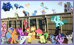 Size: 730x451 | Tagged: safe, derpibooru import, apple bloom, apple fritter, applejack, archer (character), berry punch, berryshine, big macintosh, cloud kicker, cloudchaser, derpy hooves, discord, fluttershy, marble pie, minuette, octavia melody, princess cadance, princess luna, rainbow dash, rarity, ruby pinch, scootablue, scootaloo, spring melody, sprinkle medley, sunny daze, trixie, vinyl scratch, earth pony, pony, alley, apple family member, block party, clothes, costume, irl, male, party, photo, ponies in real life, shadowbolt dash, shadowbolts, shadowbolts costume, stallion