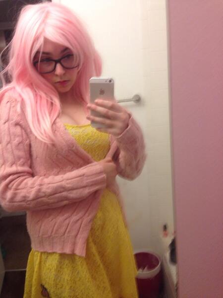 Size: 720x960 | Tagged: artist:lochlan o'neil, clothes, cosplay, costume, derpibooru import, fluttershy, glasses, human, iphone, iphone 5, irl, irl human, photo, safe, selfie, solo, sweater, sweatershy, wip