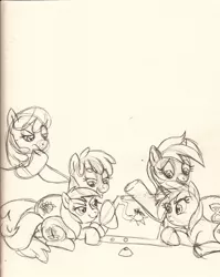 Size: 2512x3148 | Tagged: applecore, artist:enigmaticfrustration, berry punch, berryshine, cheerilee, derpibooru import, family, female, lesbian, minuette, piña colada, ruby pinch, safe, shipping, traditional art