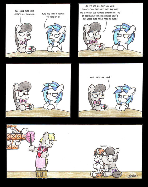 Size: 795x1005 | Tagged: safe, artist:bobthedalek, derpibooru import, octavia melody, vinyl scratch, oc, oc:mixed melody, oc:octavia's father, oc:octavia's mother, oc:ostinato melody, oc:vinyl's mother, earth pony, pony, unicorn, apron, clothes, comic, duster, female, hoof hold, male, mug, plotting, stool, unamused, up to no good, vinyl is not amused, whispering