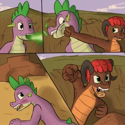 Size: 1280x1280 | Tagged: angry, artist:fuzebox, bruised, comic, derpibooru import, dragon, oc, oc:magma, older, punch, rage, safe, semi-anthro, spike, spike's journey, teenaged dragon, teenager