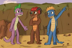 Size: 1280x853 | Tagged: artist:fuzebox, derpibooru import, dragon, oc, oc:magma, oc:sharp, older, older spike, pointing, safe, semi-anthro, spike, spike's journey, teenaged dragon, teenager, worried