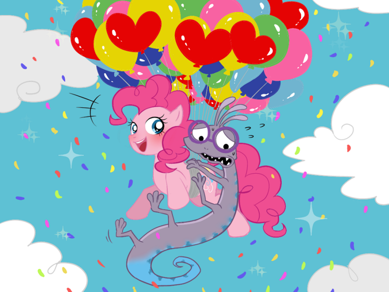 Size: 922x692 | Tagged: artist:umeguru, balloon, crossover, derpibooru import, floating, monsters inc., pinkie pie, pixiv, randall (monsters inc.), safe, then watch her balloons lift her up to the sky