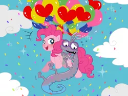 Size: 922x692 | Tagged: artist:umeguru, balloon, crossover, derpibooru import, floating, monsters inc., pinkie pie, pixiv, randall (monsters inc.), safe, then watch her balloons lift her up to the sky