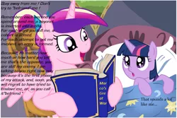 Size: 1024x683 | Tagged: safe, deleted from derpibooru, derpibooru import, princess cadance, twilight sparkle, alicorn, pony, unicorn, bayonet, bed, bedtime story, book, cadance's bedtime stories, duo, exploitable meme, female, filly, filly twilight sparkle, looking up, marco's great war, meme, unicorn twilight, younger