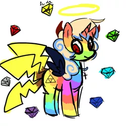 Size: 500x500 | Tagged: safe, derpibooru import, oc, unofficial characters only, alicorn, pikachu, pony, alicorn oc, chaos emerald, crossover, crucifix, horn, joke oc, naruto, pokémon, rainbow, sharingan, solo, sonic the hedgehog (series), tengen toppa gurren lagann, the legend of zelda, triforce, wings