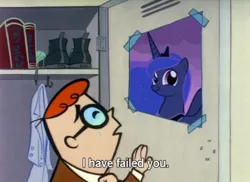 Size: 500x364 | Tagged: caption, derpibooru import, dexter, dexter's laboratory, faic, image macro, meme, poster, princess luna, safe, smirk, text, twiface