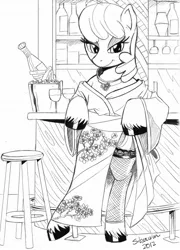 Size: 1230x1705 | Tagged: safe, artist:siberwar, derpibooru import, cheerilee, pony, alcohol, bar, bipedal, choker, clothes, color me, fishnets, glass, kimono (clothing), monochrome, solo, stockings, thigh highs, wine