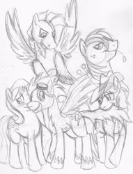 Size: 2392x3128 | Tagged: safe, artist:enigmaticfrustration, derpibooru import, big macintosh, braeburn, caramel, soarin', oc, oc:charger, earth pony, pony, male, monochrome, palindrome get, shadowbolts, stallion, traditional art, wonderbolts