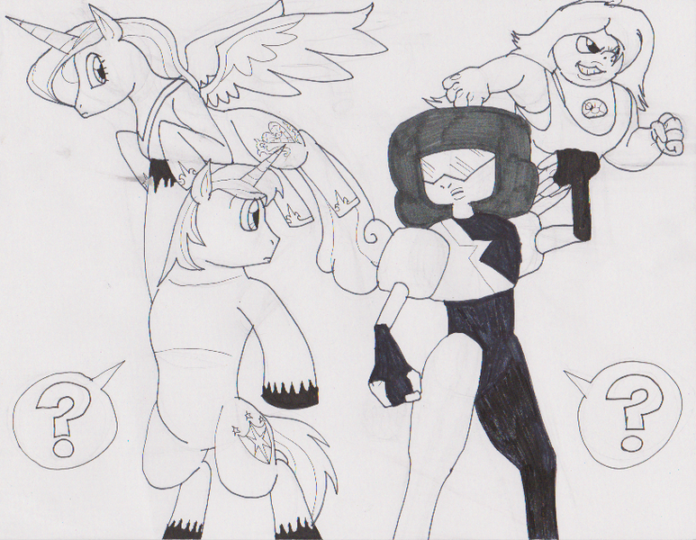 Size: 817x634 | Tagged: amethyst (steven universe), artist:gojira007, crossover, derpibooru import, epic wife tossing, fastball special, garnet (steven universe), monochrome, princess cadance, safe, shining armor, steven universe, traditional art