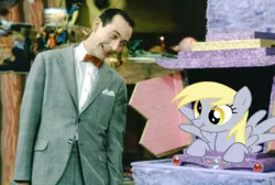 Size: 500x336 | Tagged: safe, derpibooru import, derpy hooves, pegasus, pony, female, irl, jambi the genie, mare, pee-wee herman, pee-wee's playhouse, photo, ponies in real life, scrunchy face