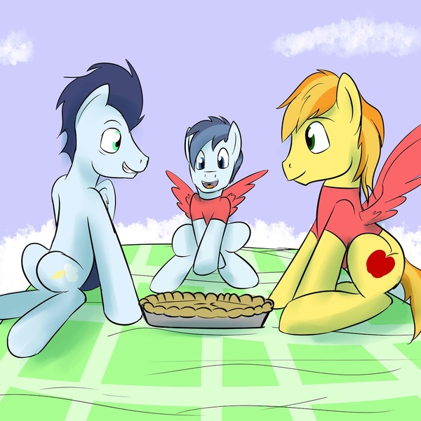 Size: 1280x1280 | Tagged: artist:fuzebox, blanket, braeburn, clothes, cloud, colt, cute, derpibooru import, fake wings, family, father, food, gay, magical gay spawn, male, offspring, parent:braeburn, parent:soarin', parents:soarburn, picnic, pie, safe, shady daze, shipping, shirt, soarburn, soarin', son, that pony sure does love pies, vest