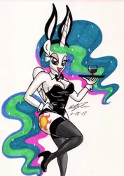 Size: 1222x1728 | Tagged: alcohol, anthro, artist:newyorkx3, breasts, bunny ears, bunnylestia, bunny suit, cleavage, clothes, cuffs (clothes), derpibooru import, female, high heels, leotard, plantigrade anthro, playboy, playboy bunny, princess celestia, shoes, solo, stockings, suggestive, thigh highs, traditional art, wine