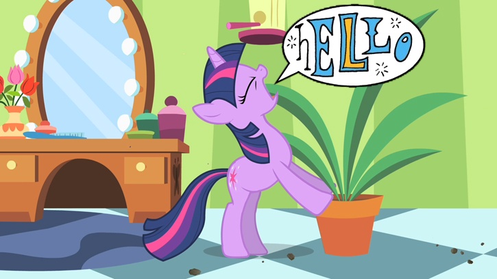 Size: 725x408 | Tagged: safe, derpibooru import, edit, edited screencap, idw, screencap, princess cadance, shining armor, twilight sparkle, pony, unicorn, green isn't your color, spoiler:comic11, crossing the memes, exploitable meme, female, hello, mare, meme, memeception, obligatory pony, potted plant, screaming armor, secret pot meme, solo, speech bubble