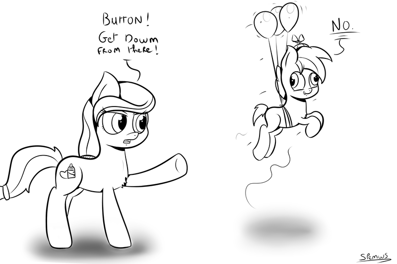 Size: 3000x2000 | Tagged: artist:spenws, balloon, balloon fight, button mash, button's adventures, derp, derpibooru import, first world anarchist, flying, monochrome, oc, oc:cream heart, parenting, rebel, safe