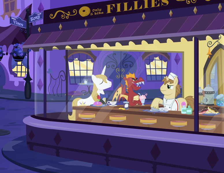 Size: 1000x773 | Tagged: artist:pixelkitties, derpibooru import, donut joe, dragon, fine art parody, garble, nighthawks, parody, pixelkitties' brilliant autograph media artwork, prince blueblood, safe, vincent tong, voice actor joke