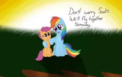 Size: 1024x647 | Tagged: artist:shiverbear, derpibooru import, rainbow dash, safe, scootaloo, scootaloo can't fly