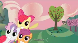 Size: 500x278 | Tagged: apple bloom, caption, cutie mark crusaders, derpibooru import, edit, edited screencap, gazebo, hearts and hooves day, hearts and hooves day (episode), meme, mlp-captions, safe, scootaloo, screencap, sweetie belle, tree, youtube caption