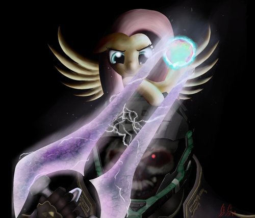 Size: 500x428 | Tagged: artist:miokomata, crossover, derpibooru import, energy sword, fluttershy, halo (series), semi-grimdark, spartan, sword, weapon