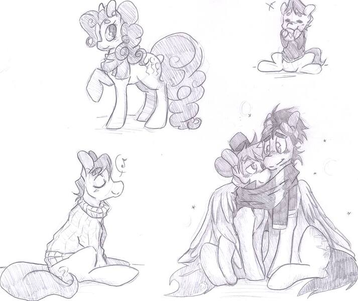 Size: 960x808 | Tagged: artist:cleppyclep, braeburn, caramel, clothes, cute, derpibooru import, gay, male, pinkie pie, safe, scarf, shared clothing, shared scarf, shipping, sketch, sketch dump, soarburn, soarin', sweater
