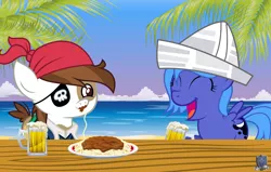 Size: 1024x650 | Tagged: artist:abydos91, beach, cartographer's cap, derpibooru import, drink, female, filly, food, hat, moonstuck, pasta, pipsqueak, pipsqueak eating spaghetti, pirate, princess luna, safe, spaghetti, table, woona, younger