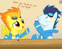Size: 1000x781 | Tagged: artist:tex, bar, derpibooru import, dialogue, drinking, fire, ouch, safe, soarin', spitfire, stupidity