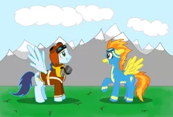 Size: 1642x1116 | Tagged: 40s, artist:laptopgun, clothes, derpibooru import, goggles, mountain, pilot, safe, soarin', spitfire, uniform, wonderbolts uniform