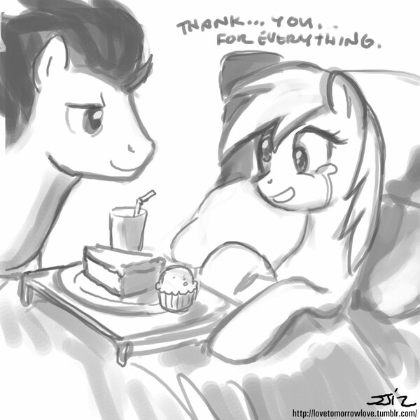 Size: 850x850 | Tagged: safe, artist:johnjoseco, derpibooru import, derpy hooves, soarin', pegasus, pony, ask gaming princess luna, bed, breakfast in bed, derpin', female, food, grayscale, male, mare, monochrome, muffin, pie, shipping, straight