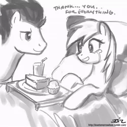 Size: 850x850 | Tagged: safe, artist:johnjoseco, derpibooru import, derpy hooves, soarin', pegasus, pony, ask gaming princess luna, bed, breakfast in bed, derpin', female, food, grayscale, male, mare, monochrome, muffin, pie, shipping, straight