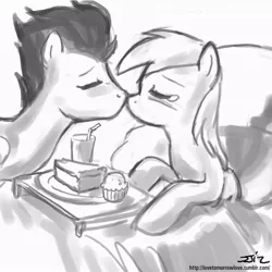 Size: 850x850 | Tagged: safe, artist:johnjoseco, derpibooru import, derpy hooves, soarin', pegasus, pony, ask gaming princess luna, bed, breakfast in bed, derpin', female, food, grayscale, kissing, male, mare, monochrome, pie, shipping, straight