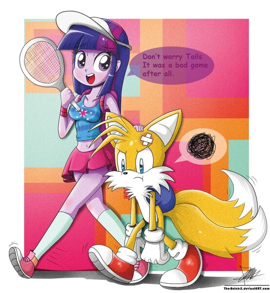 Size: 859x930 | Tagged: safe, artist:the-butch-x, derpibooru import, twilight sparkle, equestria girls, belly button, clothes, crossover, midriff, miles "tails" prower, skirt, sonic the hedgehog (series), speed problems in the comments, sports, tennis