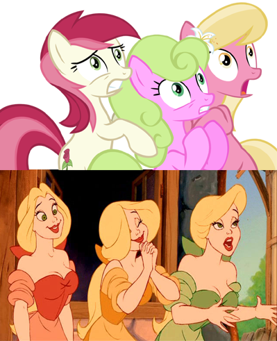 Size: 399x491 | Tagged: beauty and the beast, bimbettes (beauty and the beast), comparison, daisy, derpibooru import, disney, edit, edited screencap, flower trio, flower wishes, hilarious in hindsight, lily, lily valley, roseluck, safe, screencap